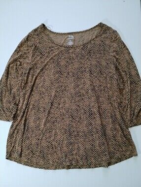 Evri Modern Tee Womens 1X Tan Brown Chevron Stretch Fabric Casual 3/4 Sleeve